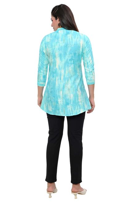 Stylish 3/4th Blue and White Printed Tunic Mandarin Collar Manufacturers  in Delhi