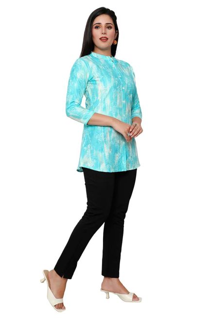 Stylish 3/4th Blue and White Printed Tunic Mandarin Collar Manufacturers  in Delhi