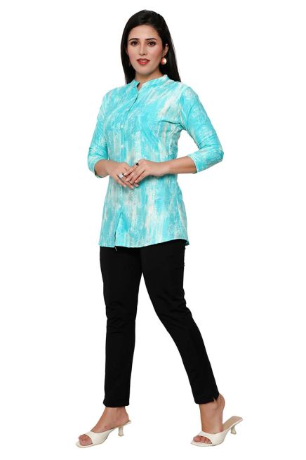 Stylish 3/4th Blue and White Printed Tunic Mandarin Collar Manufacturers  in Delhi