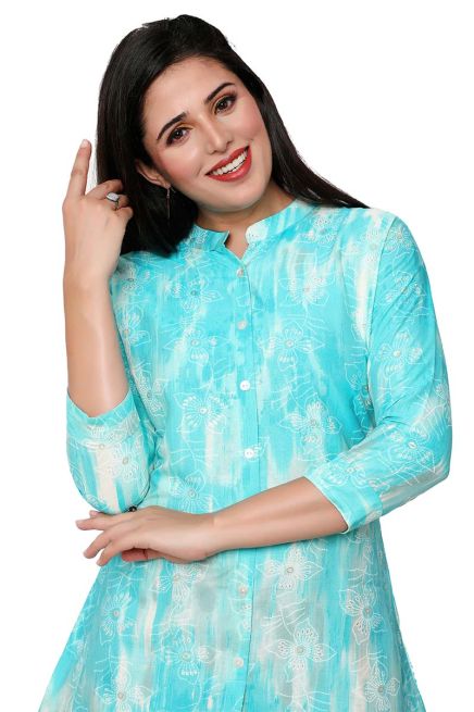 Stylish 3/4th Blue and White Printed Tunic Mandarin Collar Manufacturers  in Delhi