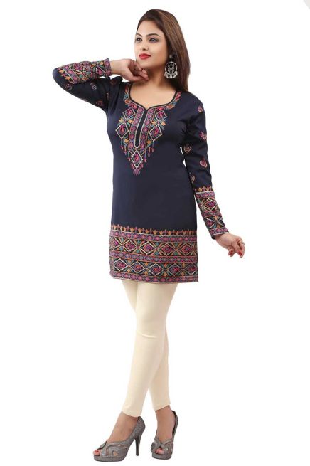 Stylish American Crepe Short Kurti with Full Sleeves and Navy Blue Print XS to XXL Manufacturers  in Delhi