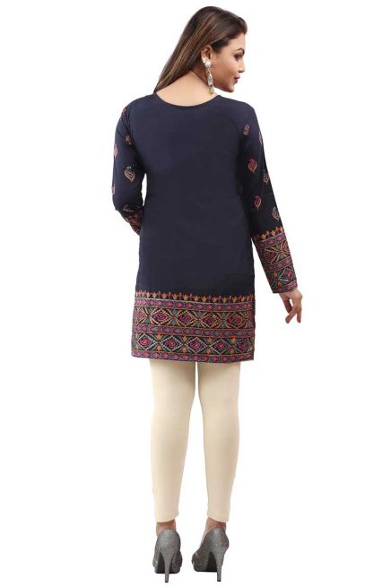 Stylish American Crepe Short Kurti with Full Sleeves and Navy Blue Print XS to XXL Manufacturers  in Delhi