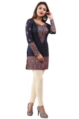 Stylish American Crepe Short Kurti with Full Sleeves and Navy Blue Print XS to XXL Manufacturers, Suppliers, Exporters in Panama