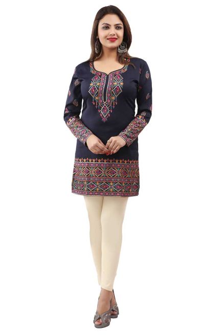 Stylish American Crepe Short Kurti with Full Sleeves and Navy Blue Print XS to XXL Manufacturers  in Delhi