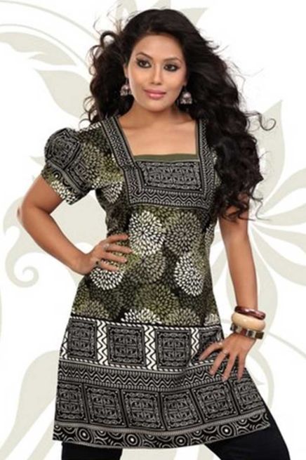 Stylish Black and Green Kurti in American Crepe with Puff Sleeves Ideal for Casual Wear Manufacturers  in Delhi