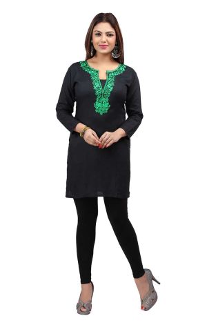 Stylish Black and Green Short Kurti with Full Sleeves Embroidered Design XS to XXL Sizes Manufacturers, Suppliers, Exporters in Morbi