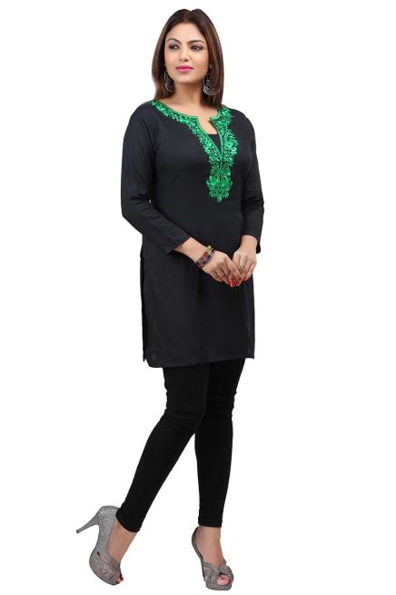 Stylish Black and Green Short Kurti with Full Sleeves Embroidered Design XS to XXL Sizes Manufacturers  in Delhi