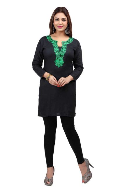 Stylish Black Kurti with Green Neck and Full Sleeves Perfect for Everyday Casual Wear Sizes S XL Manufacturers  in Delhi