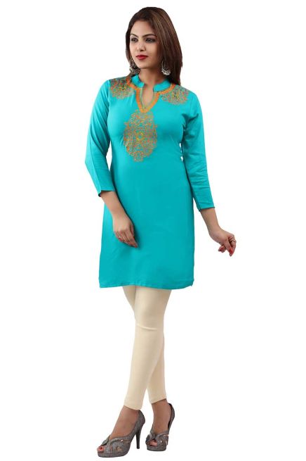 Stylish Blue and Golden Embroidered Short Kurti with Full Sleeves for Casual S to XL Manufacturers  in Delhi