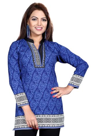 Stylish Blue Kurti with Chinese Collar in French Jacquard Fabric Sizes S to XL Manufacturers, Suppliers, Exporters in Hungary