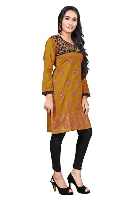 Stylish Brown Kurti Crape Silk with Beautiful Neck Design and Embroidery Full Sleeves Sizes S XL Manufacturers  in Delhi