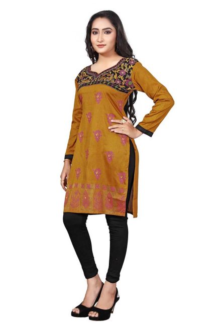 Stylish Brown Kurti Crape Silk with Beautiful Neck Design and Embroidery Full Sleeves Sizes S XL Manufacturers  in Delhi