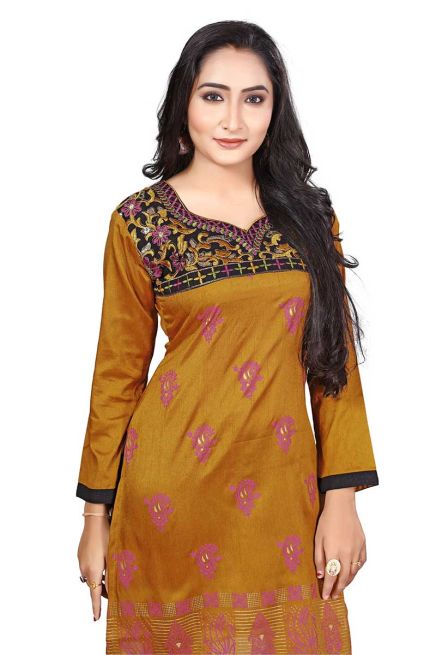 Stylish Brown Kurti Crape Silk with Beautiful Neck Design and Embroidery Full Sleeves Sizes S XL Manufacturers  in Delhi