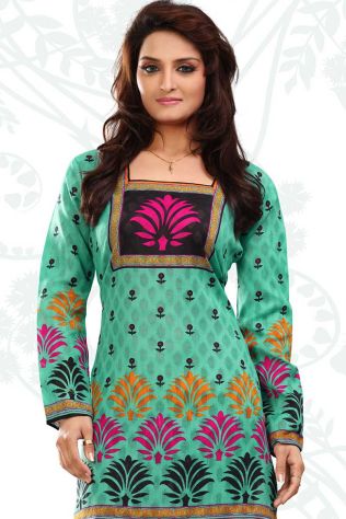 Stylish Fit Green Spun Butta Printed Short Kurti with Square Neck for Women Casual and Festive Wear Sizes S to XL Manufacturers, Suppliers, Exporters in Bijwasan