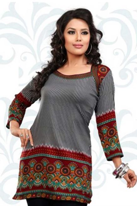 Stylish Fit Grey and Red Printed American Crepe Kurti with Full Sleeves for Women Casual Wear Sizes S to X Manufacturers  in Delhi