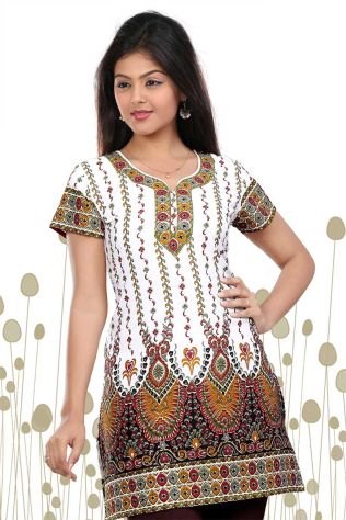 Stylish Fit Kesar Off White Printed Crepe Short Kurti for Women Casual Wear Sizes S to XL Manufacturers, Suppliers, Exporters in Morbi