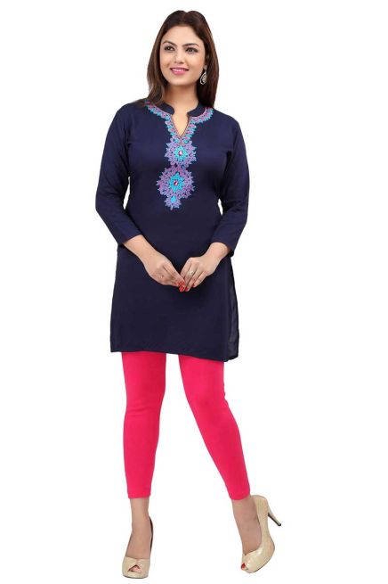 Stylish Navy Blue Embroidered Short Kurti Full Sleeves Comfortable Fit for Casual Wear Sizes S to XL Manufacturers  in Delhi