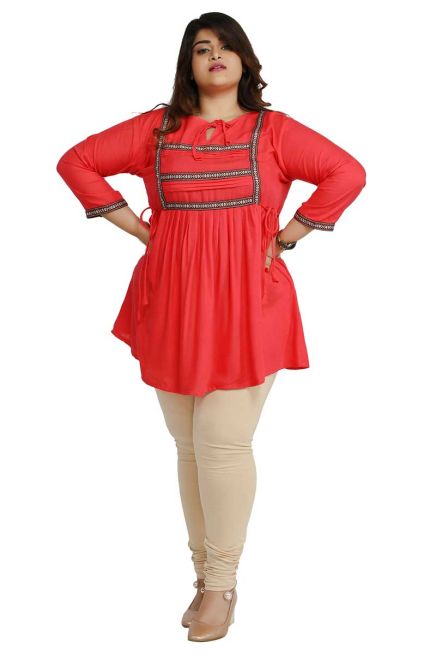 Stylish Peach Plus Size Short Kurti with Lace Work Ideal for Casual Outings Sizes XL to 3XL Manufacturers  in Delhi