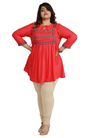 Stylish Peach Plus Size Short Kurti with Lace Work Ideal for Casual Outings Sizes XL to 3XL Manufacturers, Suppliers, Exporters in Tilak Nagar