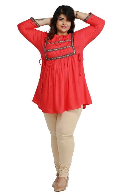 Stylish Peach Plus Size Short Kurti with Lace Work Ideal for Casual Outings Sizes XL to 3XL Manufacturers  in Delhi