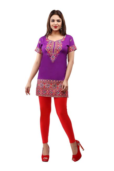 Stylish Purple Printed Short Kurti in American Crepe with Half Sleeves Regular Fit XS to XXL Manufacturers  in Delhi