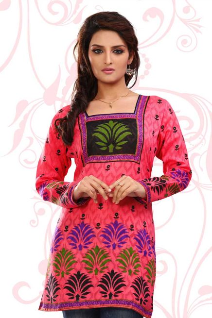 Stylish Solid Pink Short Kurtis with Butta Print and Round Neck for Effortless Style Manufacturers  in Delhi