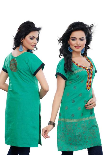 Stylish Turquoise Embroidered Cotton Kurti with Half Sleeves for Casual Wear Manufacturers  in Delhi