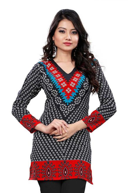 Stylish V Neck American Crepe Bandhani Kurti for Casual and Festive Wear Manufacturers  in Delhi