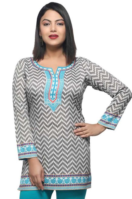 Stylish White and Grey Short Kurti with Light Blue Detailing Regular Fit S to XL Manufacturers  in Delhi