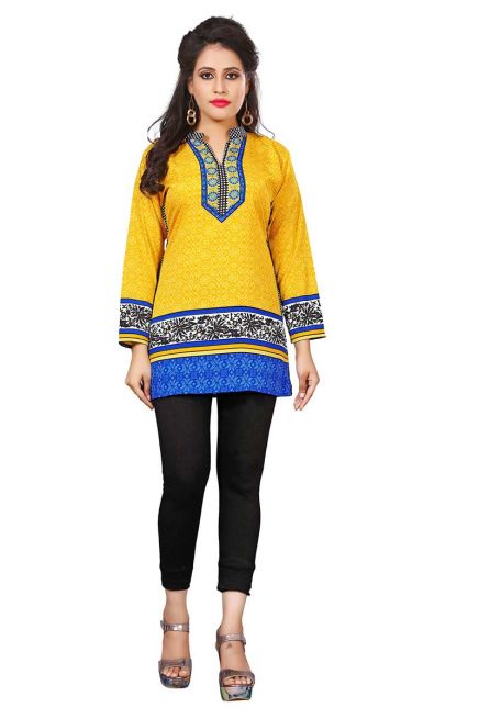 Stylish Yellow American Crepe Short Kurti with Full Sleeves Regular Fit XS to XXL Manufacturers  in Delhi