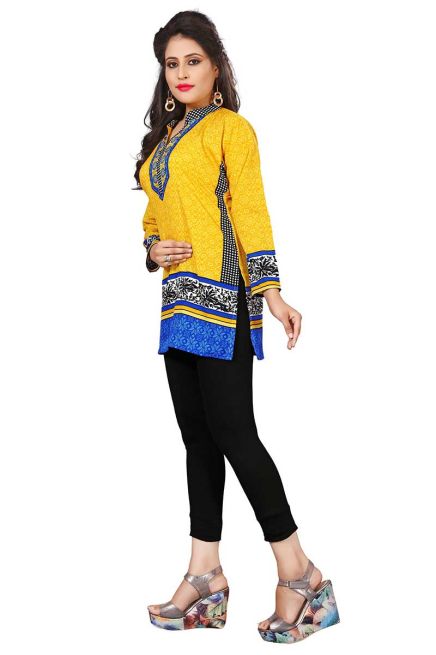 Stylish Yellow American Crepe Short Kurti with Full Sleeves Regular Fit XS to XXL Manufacturers  in Delhi