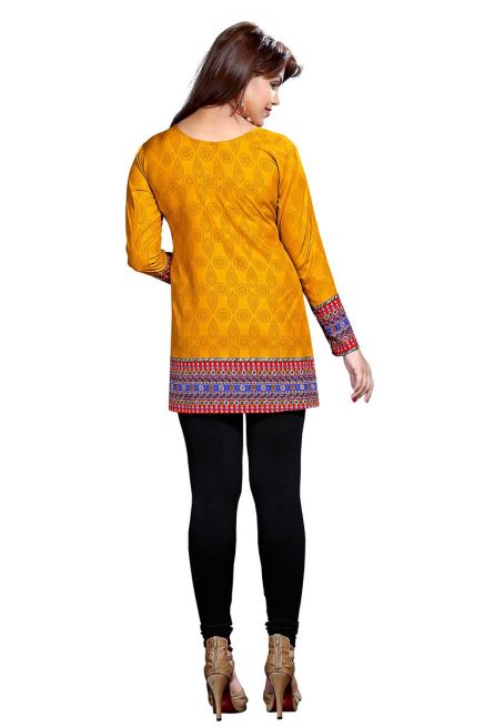 Stylish Yellow Printed Short Kurti with Unique Neck Pattern Regular Fit S to XL Manufacturers  in Delhi