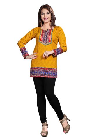 Stylish Yellow Printed Short Kurti with Unique Neck Pattern Regular Fit S to XL Manufacturers, Suppliers, Exporters in Kharagpur