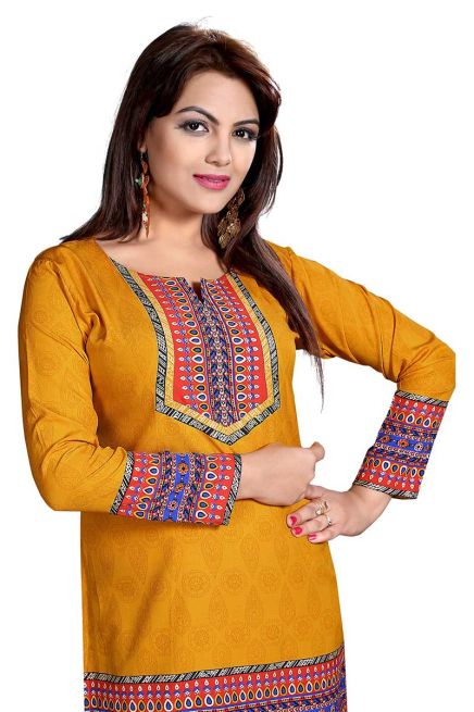 Stylish Yellow Printed Short Kurti with Unique Neck Pattern Regular Fit S to XL Manufacturers  in Delhi