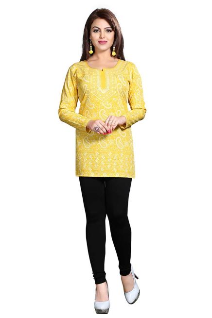 Stylish Yellow Short Kurti with Jacquard Prints Comfortable Fit Sizes S to XL Manufacturers  in Delhi