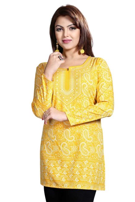 Stylish Yellow Short Kurti with Jacquard Prints Comfortable Fit Sizes S to XL Manufacturers  in Delhi