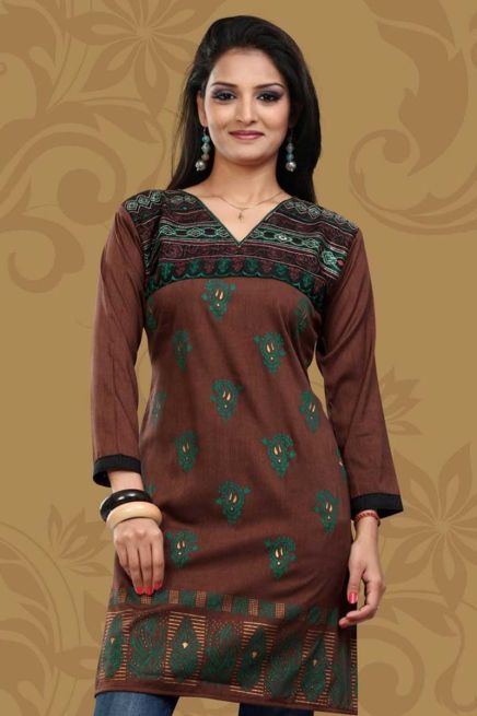 Tailored Coffee Brown Embroidered Crepe Silk Full Kurti Flattering Fit for Casual Wear Manufacturers  in Delhi