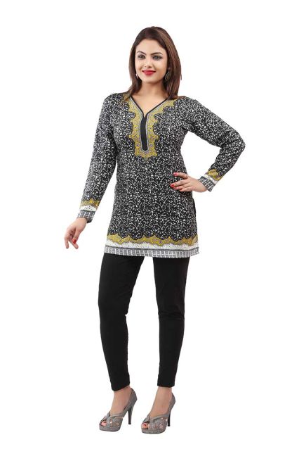 Trendy Black and Mehndi Full Sleeve Short Kurti for Casual Wear Available in Sizes XS to XXL Manufacturers  in Delhi