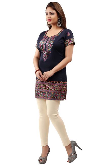 Trendy print American Crepe Short Kurti with Full Sleeves and Navy Blue Print XS to XXL Manufacturers  in Delhi