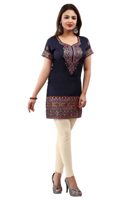 Trendy print American Crepe Short Kurti with Full Sleeves and Navy Blue Print XS to XXL Manufacturers  in Delhi