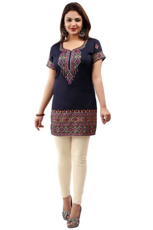 Trendy print American Crepe Short Kurti with Full Sleeves and Navy Blue Print XS to XXL Manufacturers, Suppliers, Exporters in Hungary