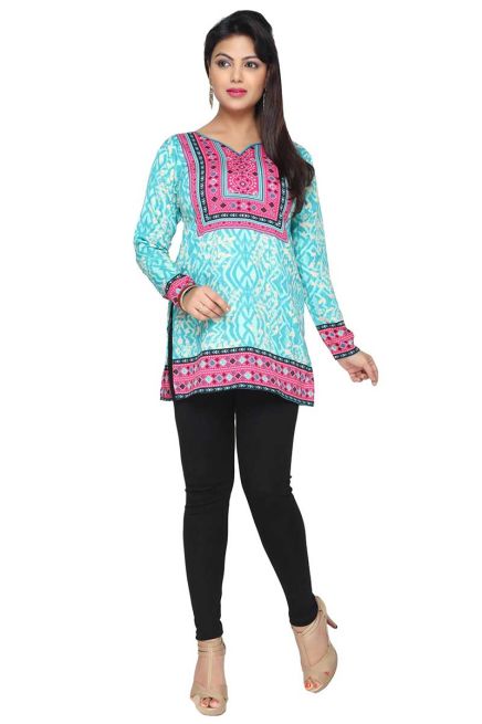 Trendy Sky Blue American Crepe Short Kurti with Full Sleeves Available in XS to XXL Manufacturers  in Delhi