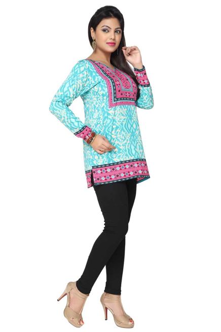 Trendy Sky Blue American Crepe Short Kurti with Full Sleeves Available in XS to XXL Manufacturers  in Delhi