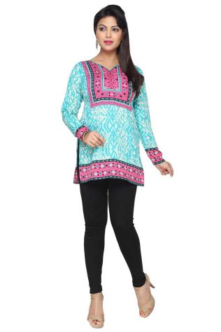 Trendy Sky Blue American Crepe Short Kurti with Full Sleeves Available in XS to XXL Manufacturers, Suppliers, Exporters in Hailakandi