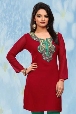 Trendy Solid Maroon Kurtis with Embroidered Details for Effortless Evening Fashion Manufacturers, Suppliers, Exporters in Gadchiroli