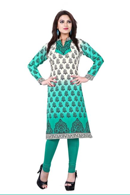 Trendy Turquoise and White American Crepe Kurti with Long Silhouette Manufacturers  in Delhi