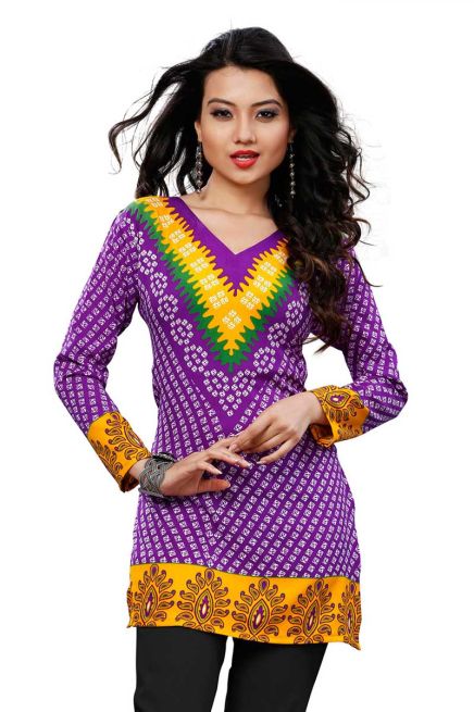 Trendy V Neck Bandhani Short Kurti in Multicolor American Crepe Manufacturers  in Delhi