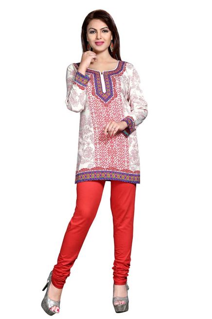 Trendy White Short Kurti with Red Jacquard Print Regular Fit Sizes S to XL Manufacturers  in Delhi