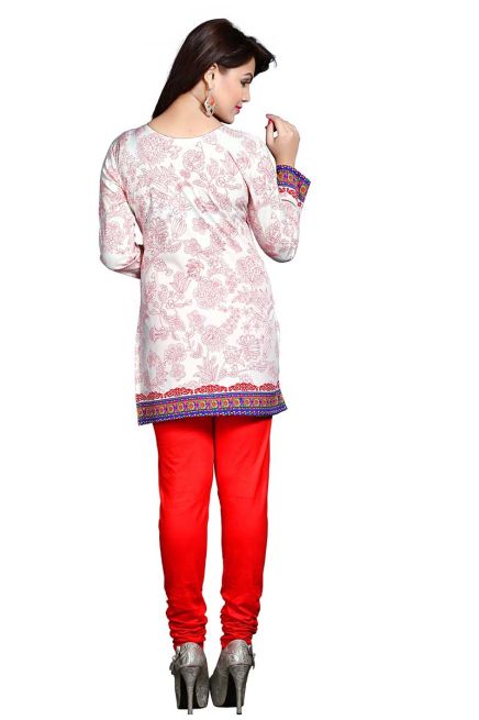 Trendy White Short Kurti with Red Jacquard Print Regular Fit Sizes S to XL Manufacturers  in Delhi