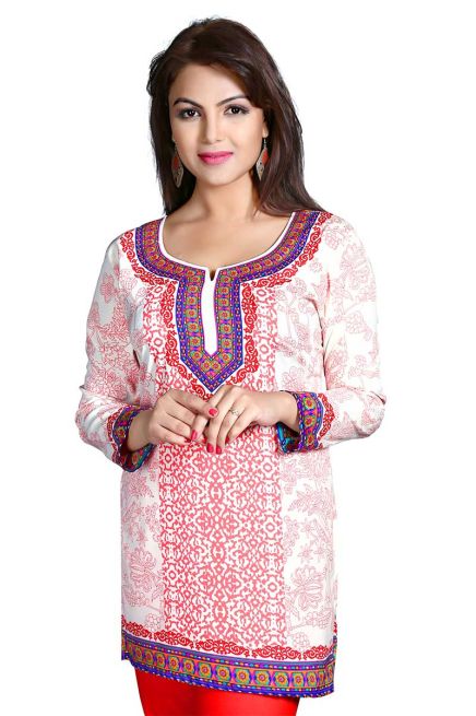 Trendy White Short Kurti with Red Jacquard Print Regular Fit Sizes S to XL Manufacturers  in Delhi